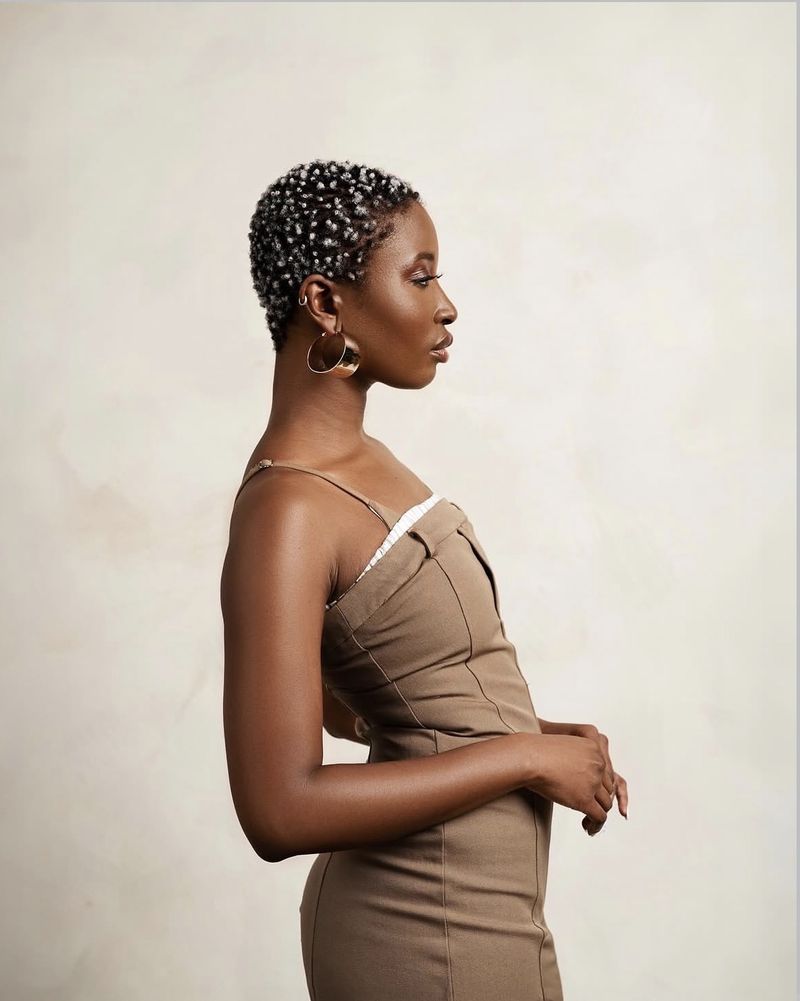 Editorial profile — tan dress, studio